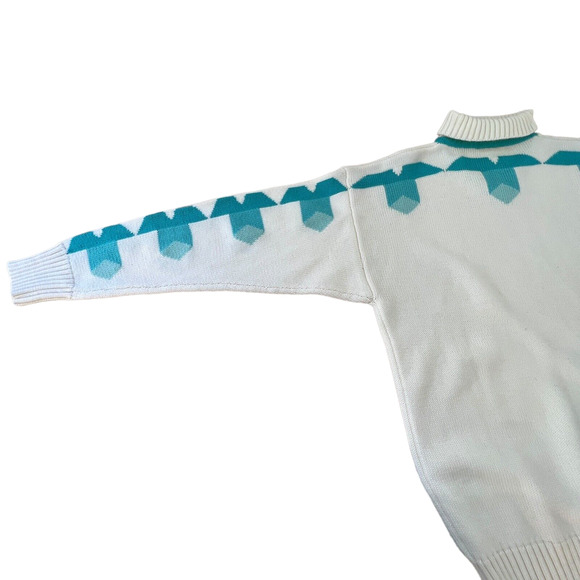 Vintage Meister Wool Blend White Turtleneck Sweater Aqua Geometric Pattern Lg - Picture 9 of 11